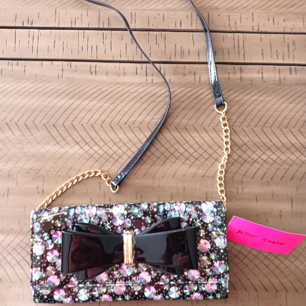 Betsey Johnson Cross Body Bag Clutch Purse Black Bow with Chain